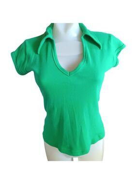 1980's Garland Vintage Women's Medium Mom Polo Top Green Collared V-Neck Buttery